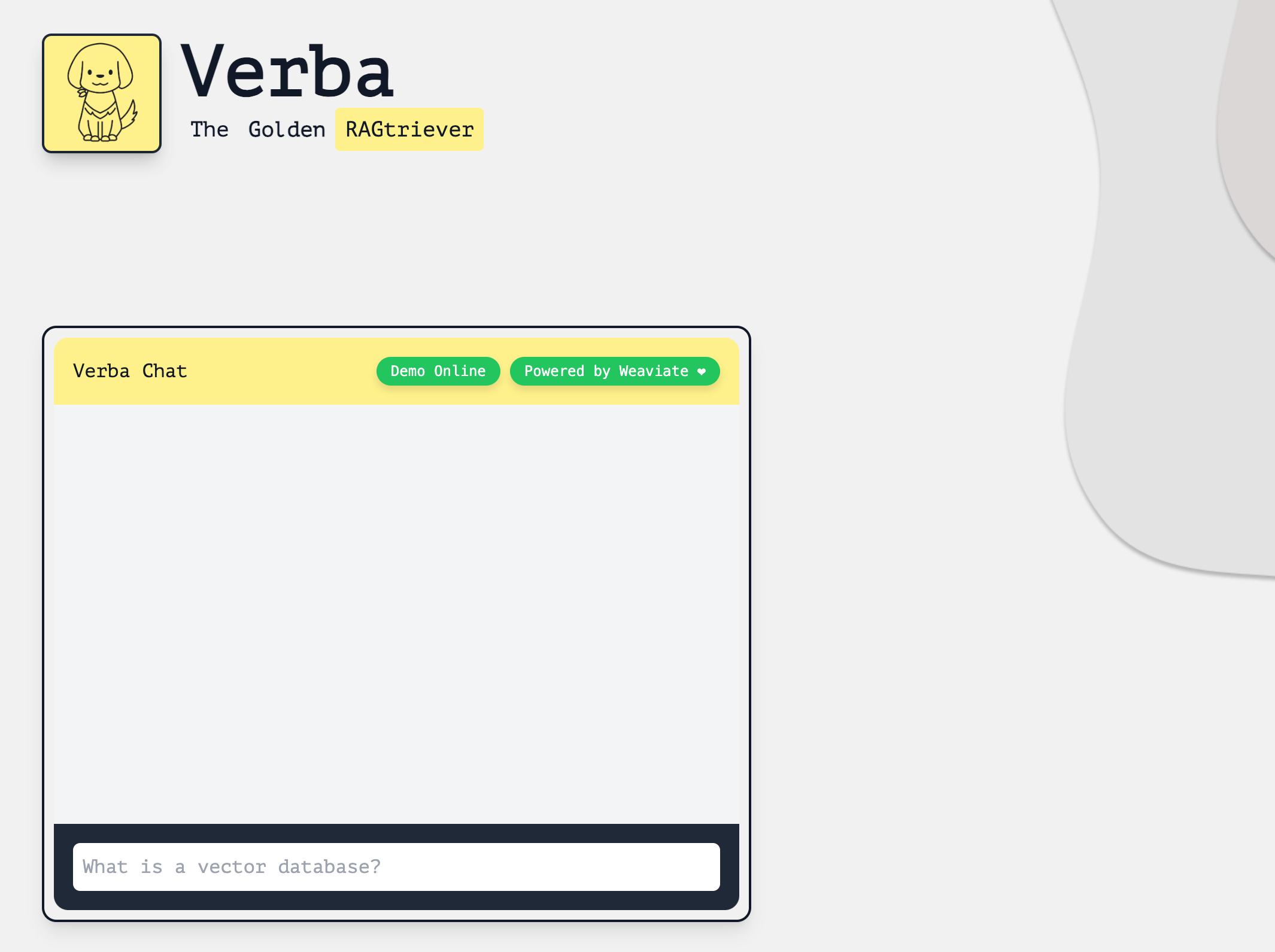 A user interface screenshot showing Verba, retrieval and augmented generation chatbot, powered by Weaviate